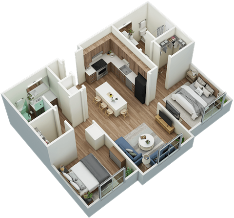 2-bed, 2-bath 3D floor plan at Greenlawn Manor Apartments in New Smyrna Beach, FL